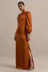 Thelma | Orange Satin Asymmetric Maxi Dress With One-Sleeve
