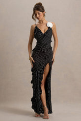 Annabelle | Black Polka Dot Ruffled Maxi Dress With Corsage