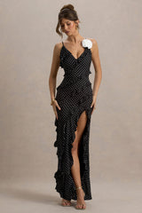 Annabelle | Black Polka Dot Ruffled Maxi Dress With Corsage