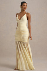Pasqualina | Pale Lemon Ruched Plunge-Neck Maxi Dress