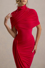 Enchant | Red Asymmetric Twisted Cape Midi Dress