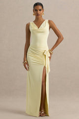 Pure Affection | Pale Lemon Cowl-Neck Maxi Dress With Ruched Detailing And Front High Split