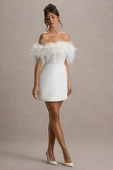 Palace | White Bardot Mini Dress With Feather Trim