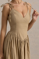 Comet | Tan Linen Maxi Dress with Plunge Neckline and Front High Split