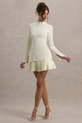 Athena | Cream Long-Sleeve Mini Dress With Pleated Hem