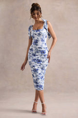 Cordelia | Blue Porcelain Print Bodycon Midi Dress With Bow Straps