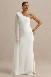 Athens | White Asymmetric-Neck Maxi Dress With Cape Sleeve Detail
