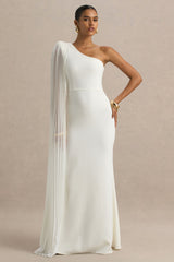 Athens | White Asymmetric-Neck Maxi Dress With Cape Sleeve Detail