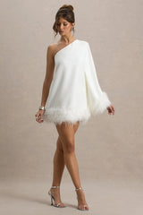 Epiphany | White One Shoulder Cape Sleeve Mini Dress With Feathers