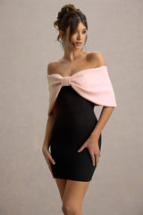 Sadie | Black & Pink Bow Bardot Mini Dress