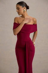 Delma | Burgundy Bardot Maxi Dress With Drape Detail
