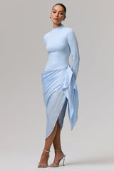 Raffie | Powder Blue Long-Sleeve Midi Dress With Satin Wrap Skirt