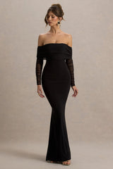 Madeleine | Black Fishtail Maxi Dress With Bardot Mesh Long Sleeves