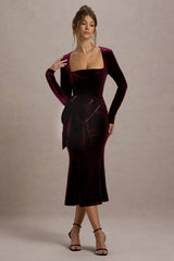 Gemima | Port Velvet Square-Neck Midi Dress With Bow
