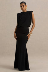 Meave | Black High Neck Maxi Dress With Draping Detail