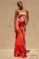 Ceremony | Pink Ombre Floral Print Bandeau Fishtail Maxi Dress