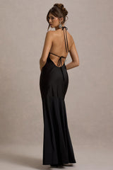 Frida | Black Satin Halter-Neck Backless Maxi Dress