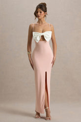 Emmalou | Pink & White Strappy Split Maxi Dress With Bow