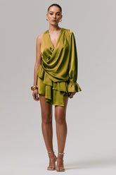 Cara | Olive Satin Plunge-Neck Micro-Mini Dress With Long Sleeve