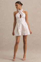 Sharie | Cream Floral Print Jacquard Halter-Neck Playsuit With Cut-Out Detail