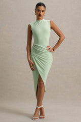 Estella | Light Green Midi Dress With Drape Skirt