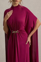 Olessia | Burgundy Belted Gathered Cape-Sleeve Maxi Dress