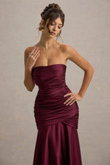Cassidy | Burgundy Satin Bandeau Gathered Maxi Dress