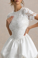 Taffy | White Lace Mini Dress With Satin Puffball Skirt