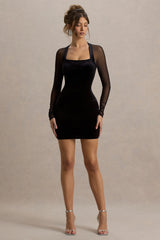 Off-Piste | Black Velvet Bodycon Mini Dress With Sheer Sleeves