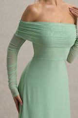 Flatter Me | Light Green Bardot Midi Dress With Mesh Sleeves