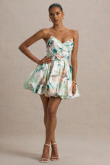Georgie | Green Floral Print Sweetheart Puffball Mini Dress