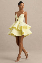 Flavia | Lemon Linen Plunge-Neck Ruffled Skater Micro-Mini Dress