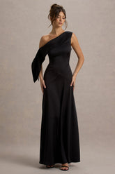 Nicola | Black Satin Asymmetric Bardot Draped Maxi Dress