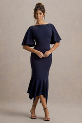 Ashling | Navy Flutter-Sleeve Hanky-Hem Midi Dress