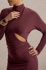 Pandora | Burgundy Long-Sleeve Midi Dress With Cut-Out