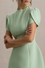 Carabella | Light Green High-Neck Short-Sleeve Mini Dress