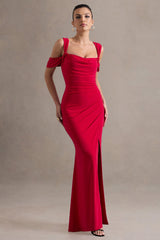 Amoura | Red Square-Neck Draped Wrap Maxi Dress