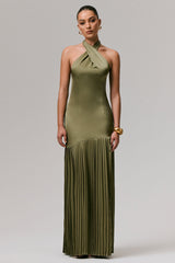 Sansa | Khaki Satin Cross Halter-Neck Plisse Maxi Dress