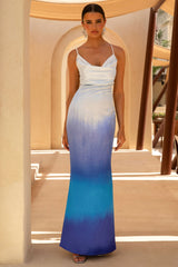 Fiji | Blue Ombre Satin Cowl-Neck Strappy Maxi Dress