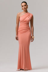 Mardi | Coral Asymmetric Maxi Dress With Ruching