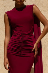 Saige | Burgundy Cap-Sleeve Gathered Maxi Dress