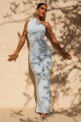 Daphne | Powder Blue Asymmetric-Neck Maxi Dress With Ruched Detailing