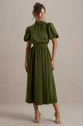 Persea | Olive Satin Puff-Sleeve Midi Dress With Bow