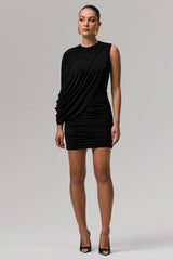 Fortuna | Black Ruched Mini Dress With One-Sleeve