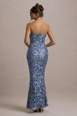 Evabeth | Powder Blue Sequin Strapless Maxi Dress