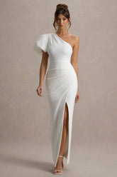Vittoria | White Asymmetric Puff-Sleeve Split Maxi Dress