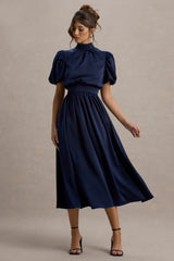 Persea | Navy Satin Puff-Sleeve Midi Dress With Bow