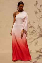 Jayla | Red Ombre Satin Asymmetric Maxi Dress With Long-Sleeve