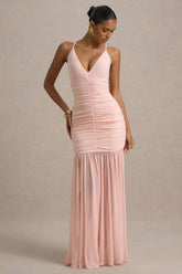 Pasqualina | Pink Ruched Plunge-Neck Maxi Dress