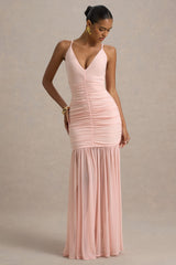 Pasqualina | Pink Ruched Plunge-Neck Maxi Dress